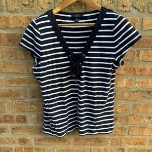 Chaps Navy and White Striped Tee Sz L